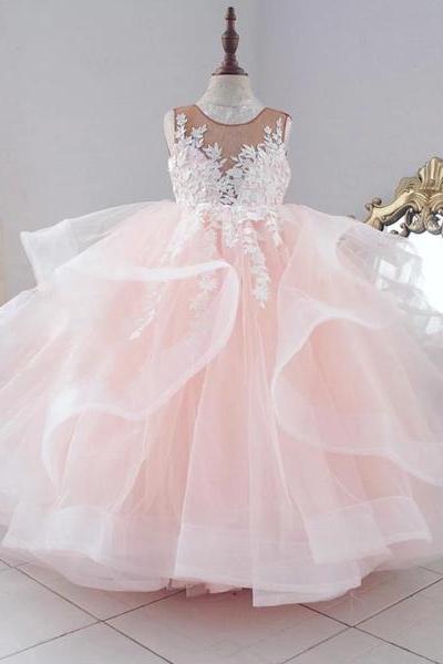 Real Photo Pink White Tulle With Train Lace Flower Girl Dress For Wedding Birthday Ball Gown First Holy Communion Dresses