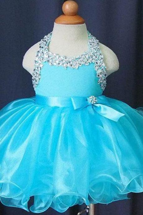  Beads Crystals Halter Sky Blue Flower Girl Wedding Dresses Knee Length Princess Bare Back Hunter Ruffles Organze Ball Gown