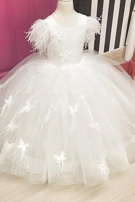 Puffy Feather 3D Butterflies Flower Girl Dresses Wedding Kids Party Birthday Ball Gown for New Year