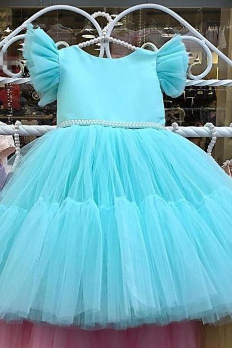 Bohemian Blue Flower Girl Dresses For Wedding With Pearls Kids Pageant Cake Birthday Party Gowns First Holy Communion Customes