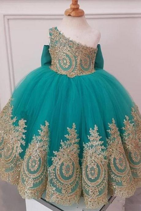 One Shoulder Flower Girl Dresses With Gold Lace African Girls Pageant Dresses Knot Bow Long Tulle Girls Birthday Party Gowns