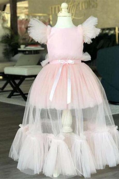 Pink Flower Girl Dresses With Removable Skirt Birthday Party Gown For Girls Graduation Detachable Kids Dresses