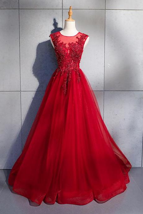 Red Prom Dress Eveing Dress Lace Applique Beading Full Length Formal Dress