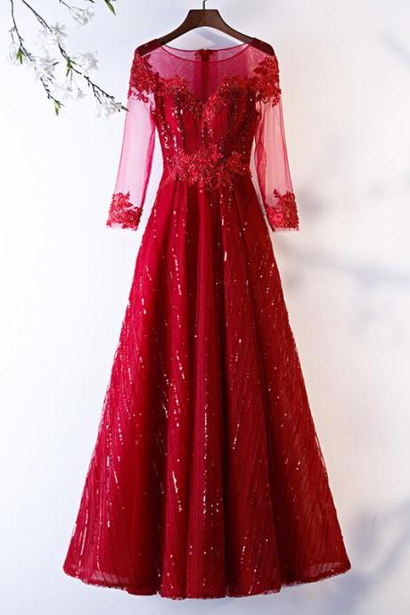 Red Long Sleeve Tulle Prom Dress Eveing Dress Lace Applique Beading Full Length Formal Dress