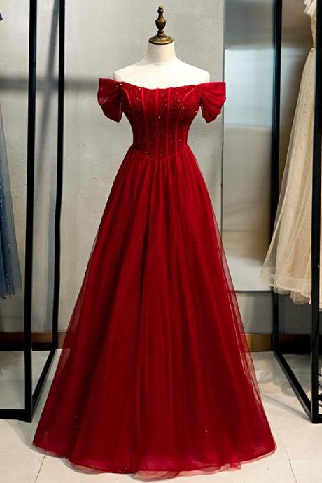 Burgundy Full Length Tulle Off The Shoulder Beading Sequins Prom Dress