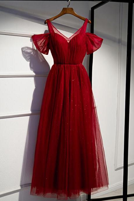 Red Elegant Pleated Bling Tulle Prom Eveing Dress Formal Dress With Cold Shoulder