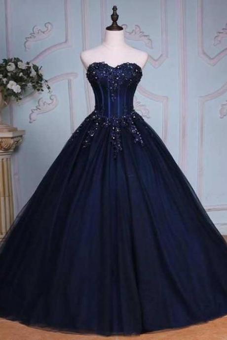 Navy Blue Sweetheart Tulle Ball Gown Lace Beaded Party Dress, Blue Formal Dress Prom Dress