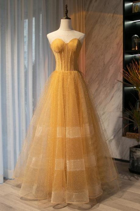 Yellow Mesh Tulle Corset Prom Evening Dress Ballgown Strapless