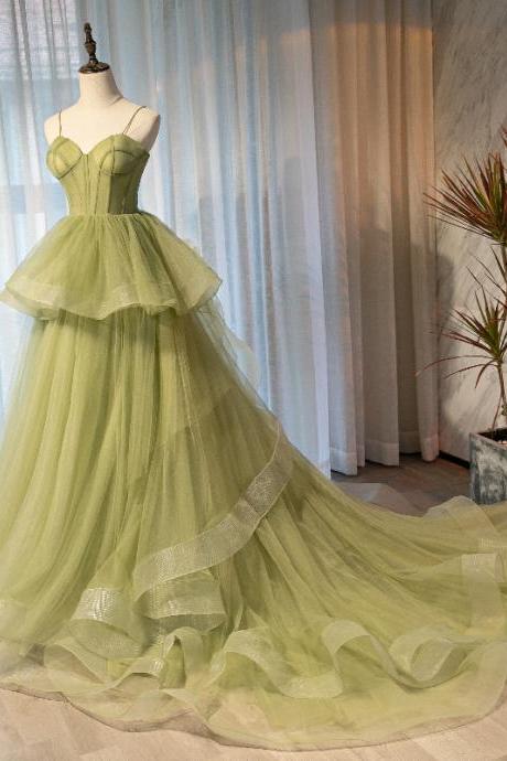Light Green Sweetheart Layers Princess Formal Gown, Green Tulle Long Party Dress Prom Dress?