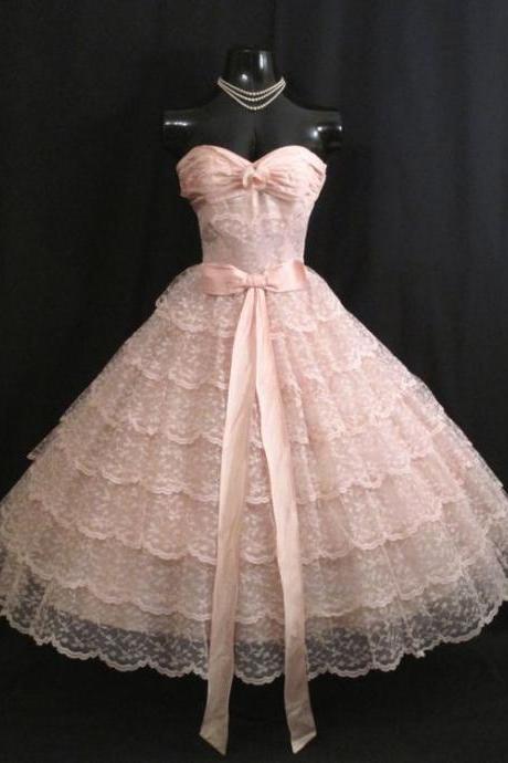 Lace Pink Strapless Prom Dress Eveing Dress Wedding Formal Dress