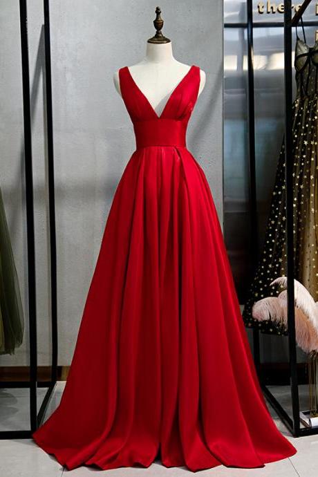 Red V Neck Stain Full Length Prom Dress Eveing Dress