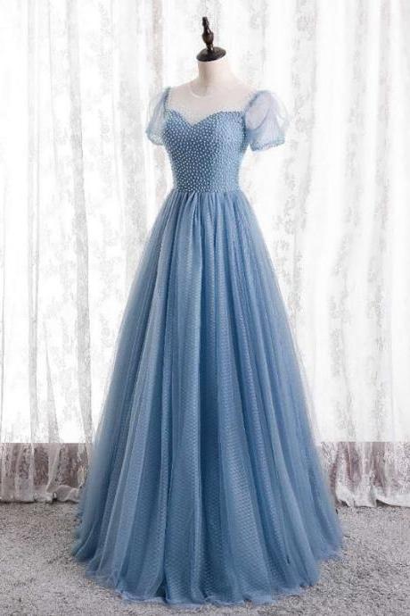 Sky Blue Prom Dress Decorated With Pearls For Women, Quinceanera Dress,blue Prom Dress With Transparent Sleeve, Prom Dress Short Sleeve
