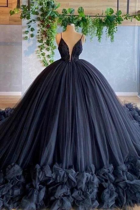 Spaghetti Straps Beading Bodice Tulle Ball Gown Evening Dress With Handmade Flowers