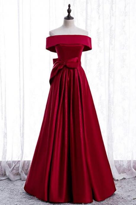 Simple Burgundy Satin Off The Shoulder Bow Prom Dress