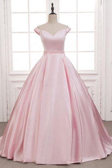 Pink Satin Long Beaded A-line Customize Prom Dress Evening Dress