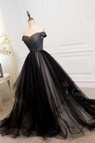 Black Tulle Off Shoulder Long Prom Dress, Black Evening Dress From Little Cute