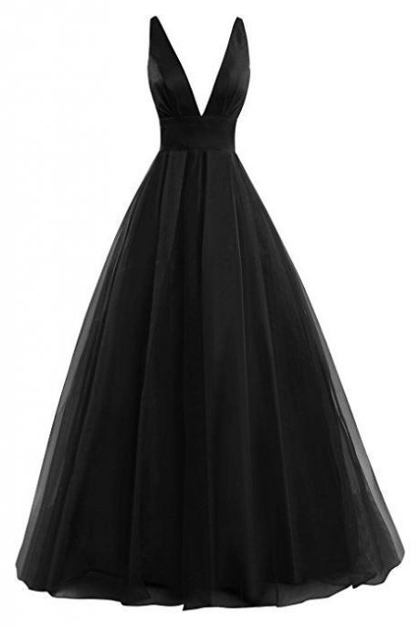 Bridal Women's Deep V-neck Tulle Prom Evening Dresses Black