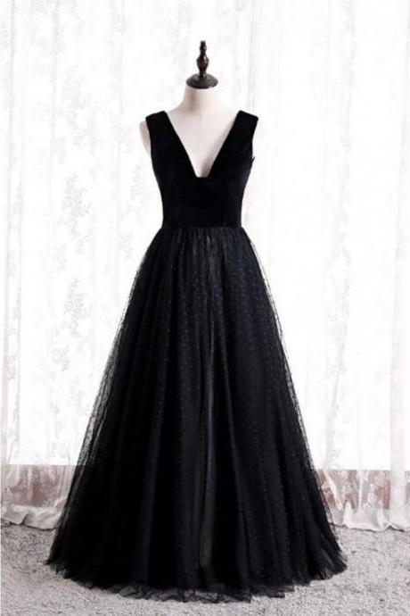 Long Black Polka Dot Tulle Formal Dress V neck Sleeveless