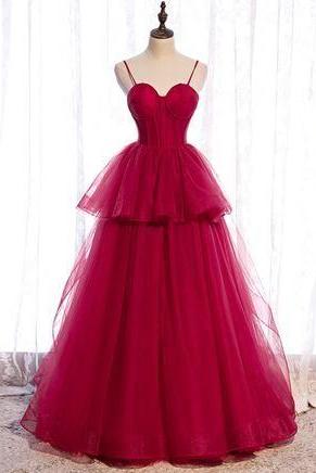 Red Tulle Lace Long Prom Dress Red Formal Dress