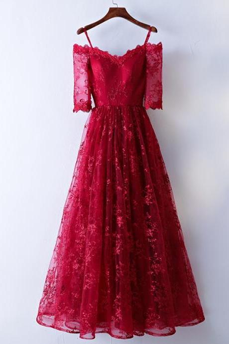High Quality Burgundy Lace Tulle Long Prom Dress, Evening Dress