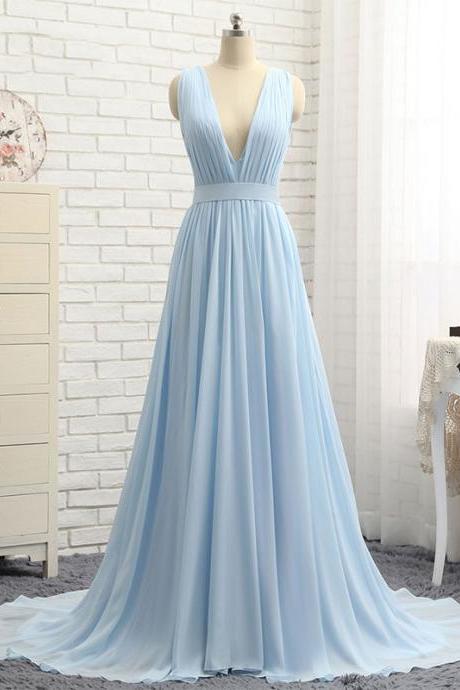 Light Blue V Neck Chiffon Long Prom Dress, Evening Dress