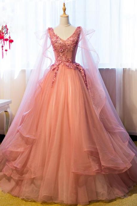 Pink V Neck Tulle Lace Ball Gown Formal Dress