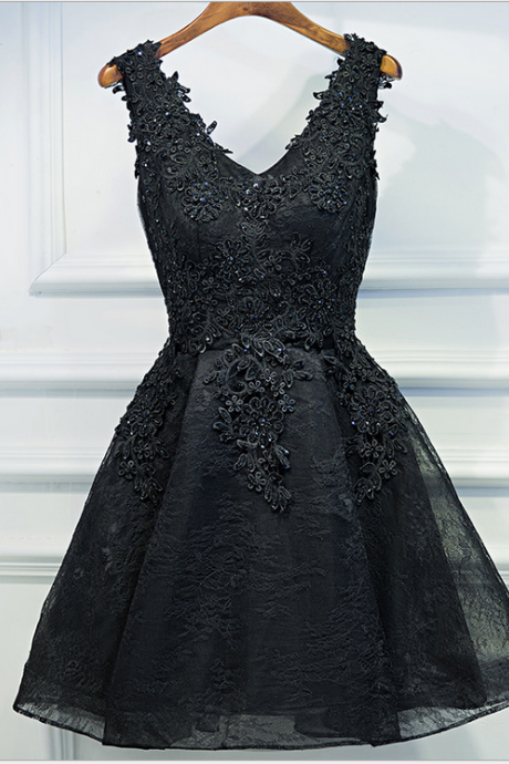 Cute Black V Neck Lace Short Prom Dress,homecoming Dresses