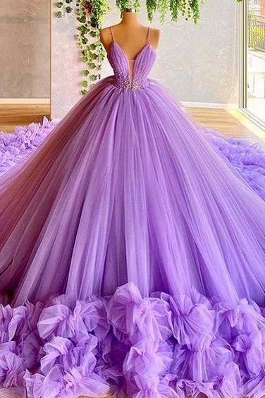 Custom Lavender Plus Size Spaghetti Straps Women Tulle Ball Gowns Sweet 16 Dresses Gowns Prom Dresses Quinceanera