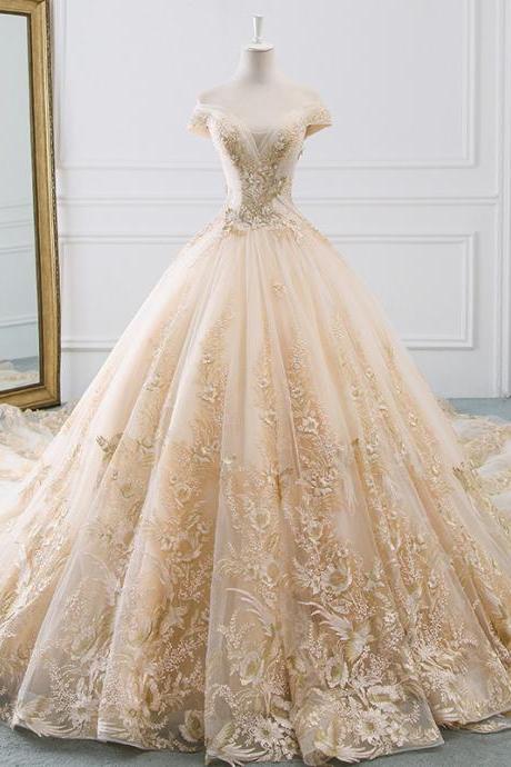 Luxury Fashion Champagne Wedding Dress Bridal Gown Custom Made