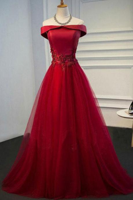 Burgundy Off Shoulder Lace Applique Long Prom Dress Lace Up Evening Dress Custom