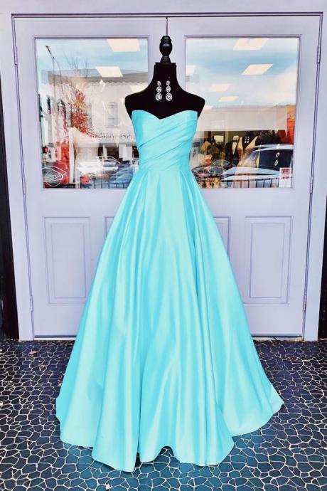 Simple blue satin Strapless long prom dress blue evening dress Custom