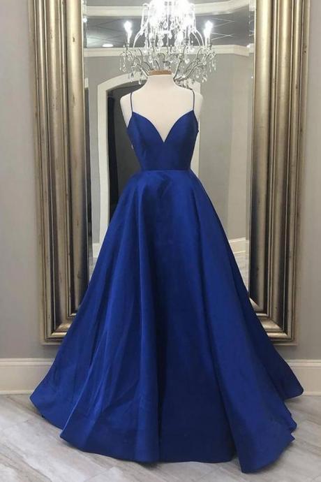 Blue V Neck Simple Long Prom Dresses Party Dress, Dance Dress