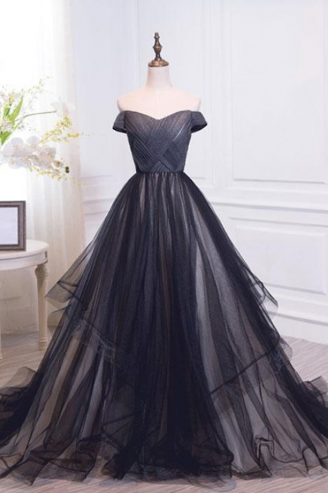 Simple Black Sweetheart Tulle Long Prom Dress Evening Dress