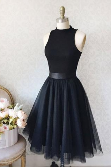 Black Round Neck Sleeveless Short Tulle Homecoming Dress Formal Dress