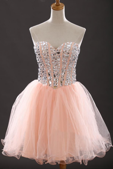 Sexy Pink Embellished Sweetheart Homecoming Dress Sexy Short Organza Prom Dressses