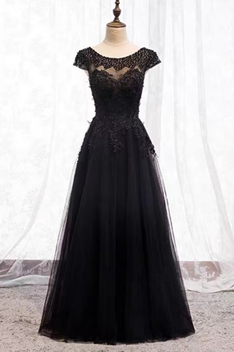 Full Length Prom Dress Black Dress Formal Evening Dress Lace Applique Beading Dress