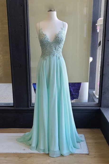 Green Chiffon Lace Long Prom Dress Evening Dress
