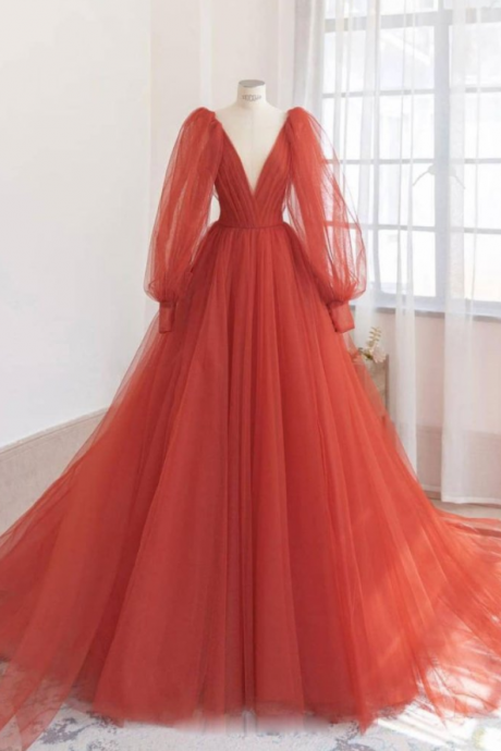 Orange V Neck Tulle Long Sleeve Full Length Prom Dress Evening Dress