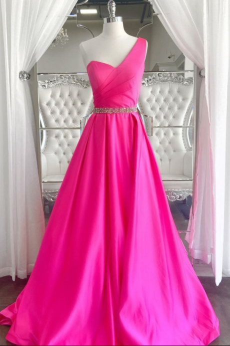 One Shoulder Open Back Long Prom Dresses With Belt Formal Dresses Pink Evening Dresses