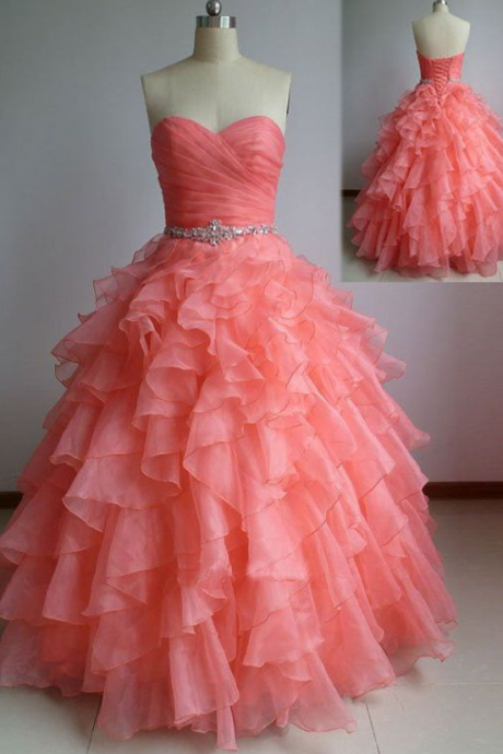 Pink Beautiful Organza Ball Gown Sweetheart Prom Dresses With Beadings Prom Dresses