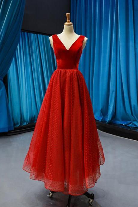 Red Prom Dresses Fashion V Neck Tulle Evening Party Dress