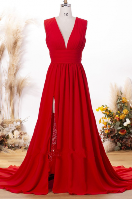 V Neck Red Long Prom Evening Dresses With Slit Full Length Pageant Gowns Custom Size