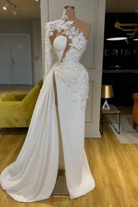 Lace White Prom Dresses High Neck One Shoulder Long Sleeve Formal Evening Dress Side Split