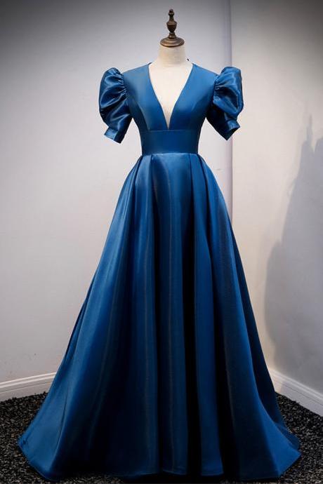 Blue satin long prom dress Short blue evening dress