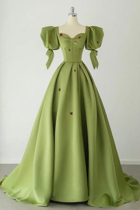Cute Strawberry Short Sleeve Long Prom Dress Green Evening Gown With Bow