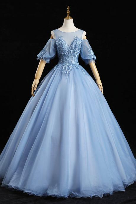 Blue Tulle Lace Long Prom Dress Blue Evening Gown Short Sleeve