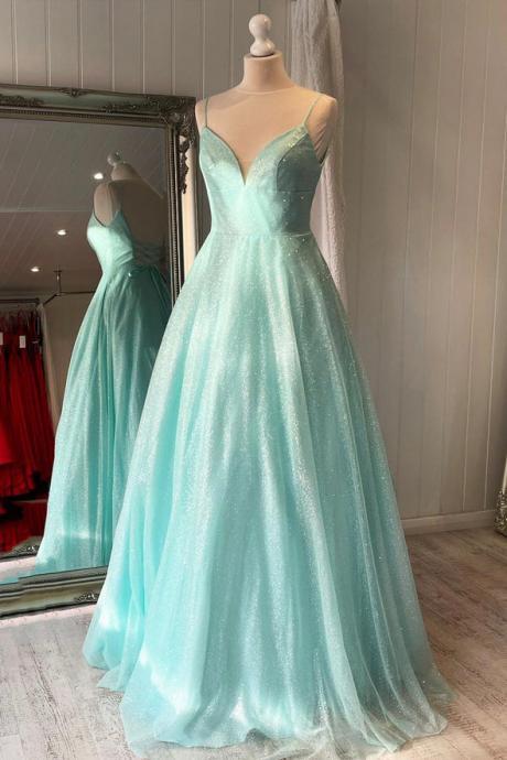 Green Tulle Sequins Long Prom Dress A Line Evening Dress