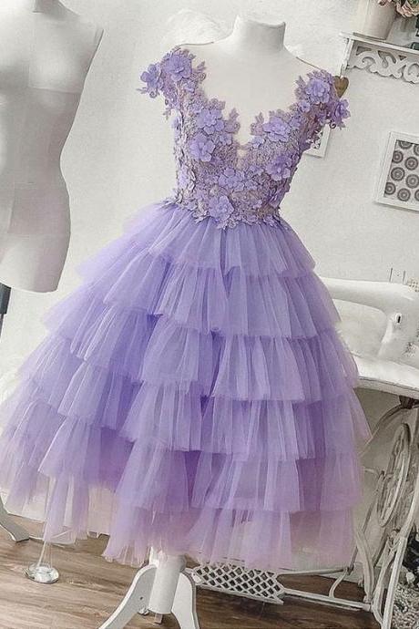 Purple Tulle Applique Short Prom Dress, Homecoming Dress