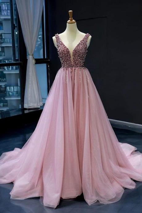 Pink V Neck Tulle Beads Long Prom Dress, Evening Dress