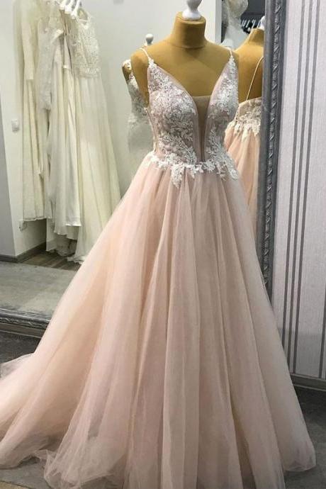 Cute V Neck Tulle Lace Long Prom Dress, Evening Dress